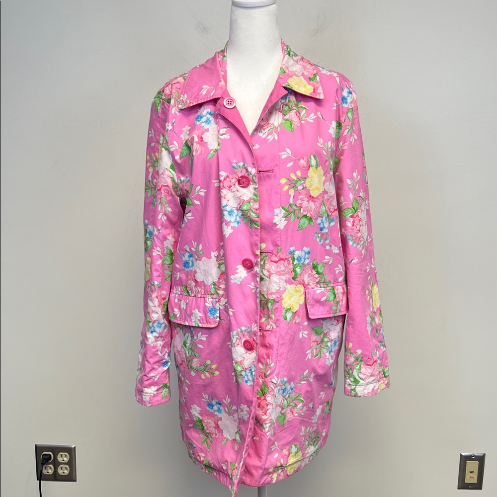 Pink Floral Chic Colorful Reversable Trench Coat w/ Pockets and Buttons Size XL